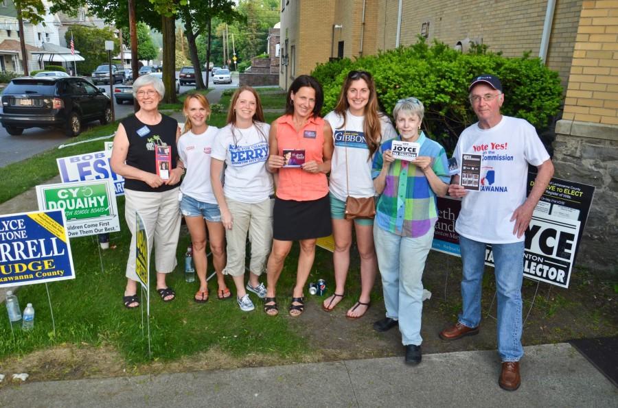 Voters cast their ballots during Tuesday's primary election at Myrtle Street Methodist Church in Scranton. (Left to Right) Phillis Reinhart, Jennifer LaMant, Lori Perry, Laurie Barrett, Megan Gibbons, Fay Franus, Shawn Zero. Credit: Joseph Petro
