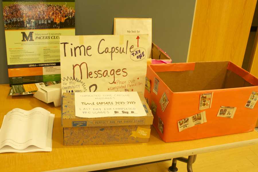 A drop box for essays for the Time Capsule sits near the cafeteria in Nazareth Hall