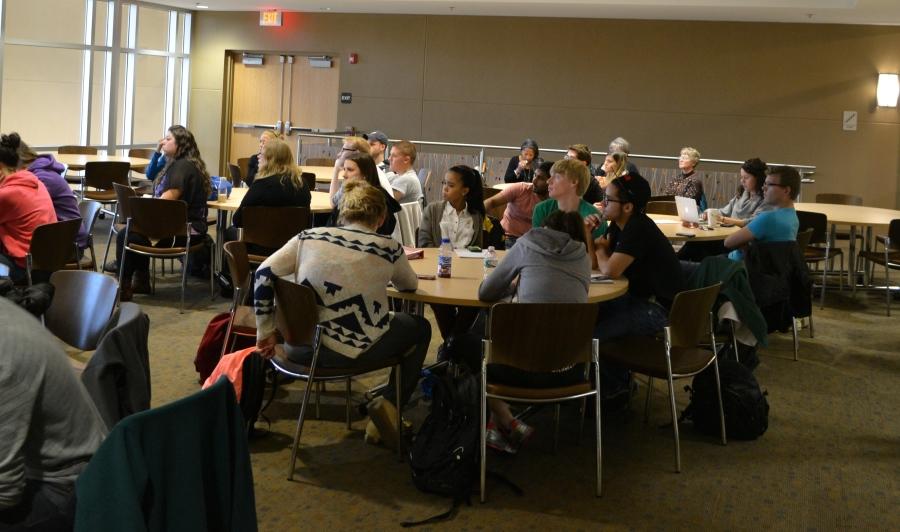 Students listen to Dr. Dawoody discuss ISIS during the Talk of the University discussion that took place in the Nazareth Upper