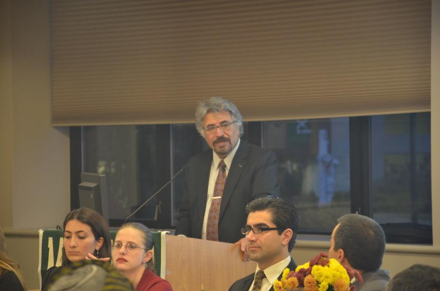 Dr. Alexander Dawoody welcomes all of the students present at the UN Day event during his introduction.