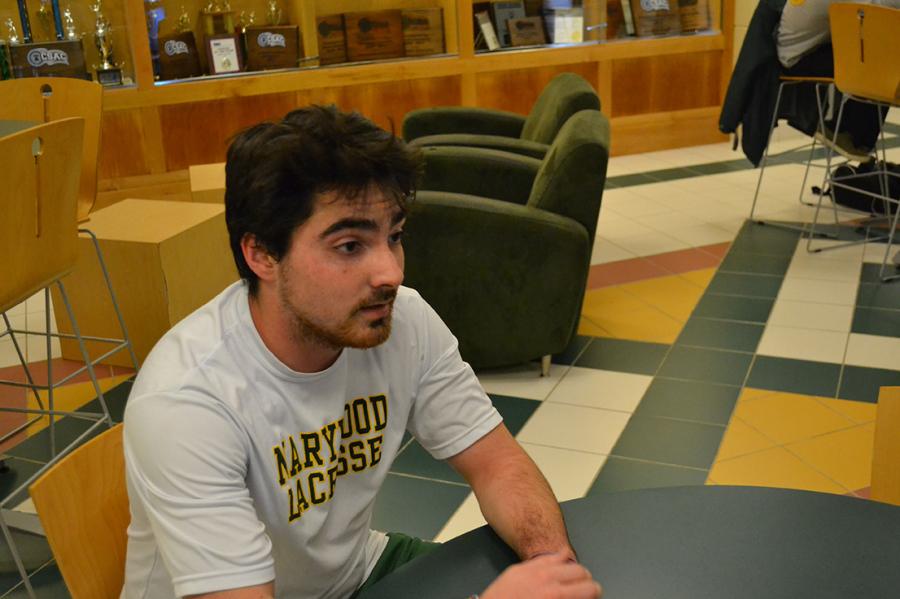 Scott Slater, a junior, accounting major, is taking a break during conditioning lacrosse practice during the off season. During the practice the members of the team are running spirits and laps around the gym.   