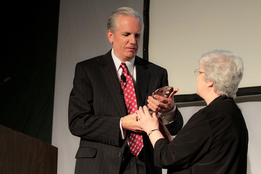 Sister Anne presents Jack Tighe with the Lead On award at last year's Community Leadership Celebration. 