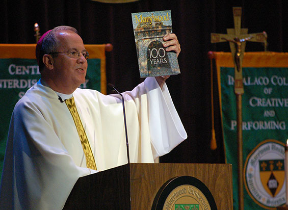 Most Rev. Joseph C. Bambera reminisces about his aunt, a Marywood alumna featured in the Marywood Magazine, at the Centennial Opening Liturgy held in the Sette LaVerghetta Center. 