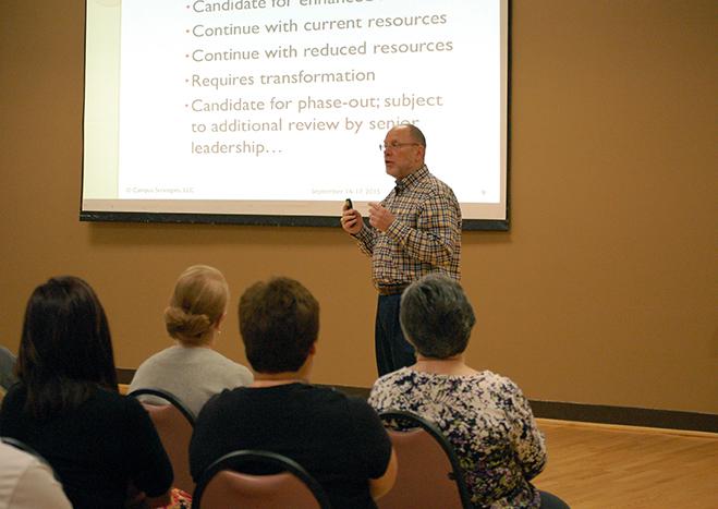 Larry Goldstein, founder of Campus Strategies, LLC, speaks to the Marywood community in the Latour Room. 