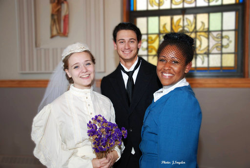 A photo from the Production Manager left to right: Emily (the bride) - Dana Jackson
George (the groom) - Ken Doyle
Mrs. Soames (church lady) - Jade Litaker