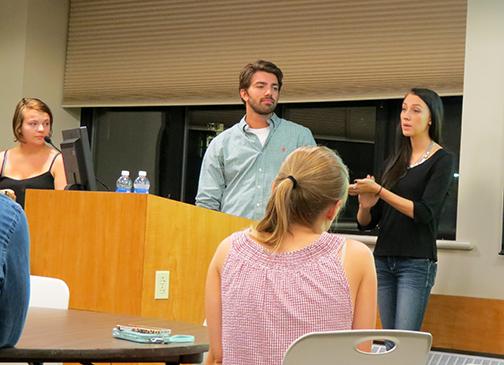 In this file photo taken on Sept. 3, Melissa Kowalski, President of the Student Government Association, addresses the attendees of the years first meeting held in the Swartz Center.