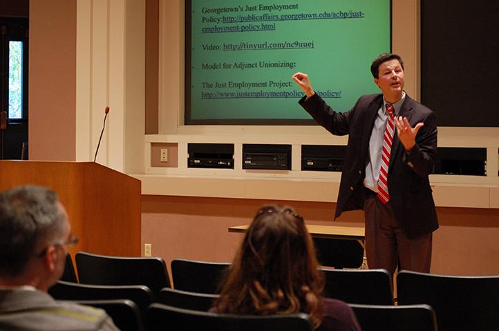 Dr. Gerald J. Beyer, a theology and religious studies professor at Villanova University, gave a presentation to a small crowd of Marywood professors and faculty about Catholic Social Teaching.