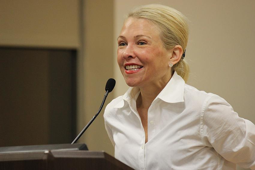 Katie Koestner speaks in the Latour Room on Oct. 29. 