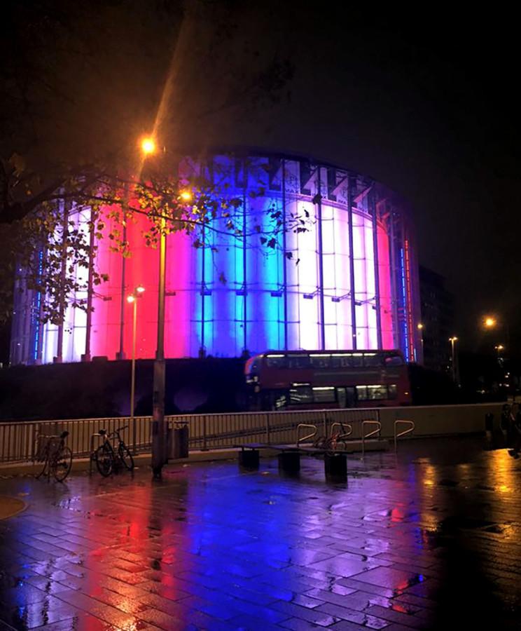 The+BFI+IMAX+theater+in+London+was+lit+up+in+Paris+colors+to+show+their+support+after+the+attacks+on+Nov.+13.+