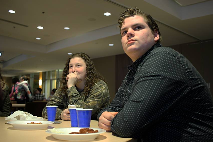 Carly Flohs (19) and Paul Ekey (19) were part of the students who celebrated the 50th Super Bowl with a party held by SAC in the Upper Main Dining Room at 6:30 p.m. While the game was on there were food and prizes for attendees. 