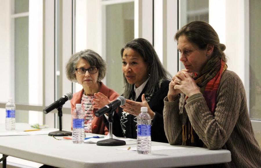 From left to right, Dr. Christine Kessen, Dr. Lia Richards-Palmiter, and Dr. Melinda Krokus speak at the difference, tolerance, and violence discussion panel on Feb. 10.