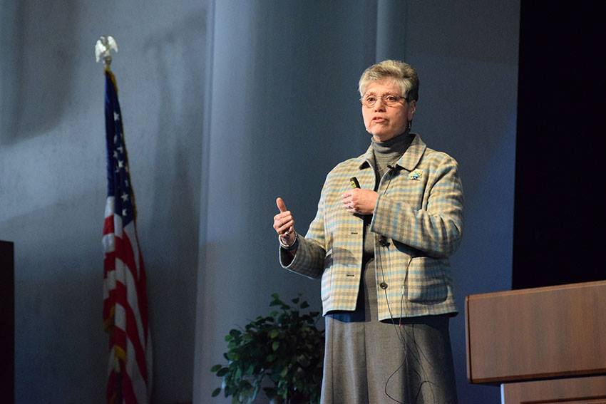 Sister Mary Persico speaks to the Marywood community in the Sette LaVerghetta Center for Performing Arts on April 5.