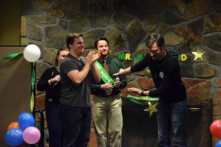 Participants Nick Grevera and James Phillips take the stage to compete in the Mr. Marywood pageant.