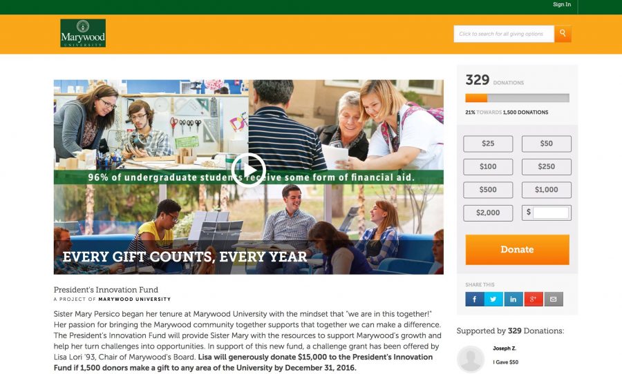 A screenshot of Marywood's online donation page, which reached 329 donors as of Oct. 24.