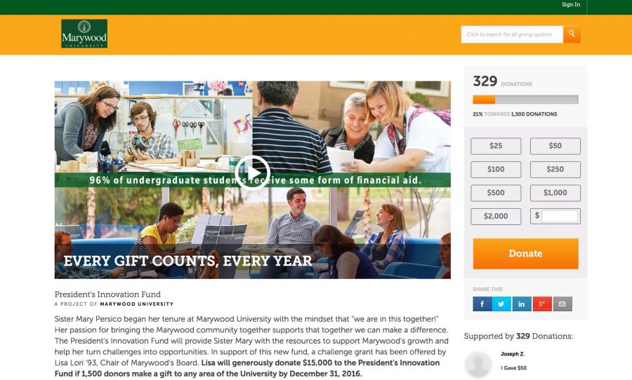 A screenshot of Marywoods online donation page, which reached 329 donors as of Oct. 24.