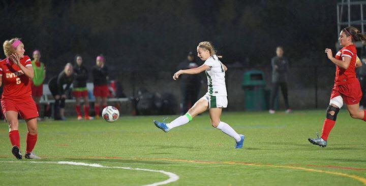 Senior midfielder Brianna Bruster scores the game-winning goal for #1 seed Marywood womens soccer. The Pacers defeated #5 Gwynedd Mercy University 1-0 to advance to the Colonial States Athletic Conference championship game. 