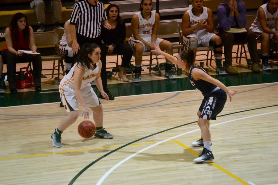 Marywood junior guard Lisa Steakin looks for an open shot in a 63-66 home opener loss to Centenary University.