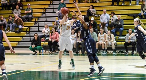 Photo courtesy of Marywood Athletics. Sophomore guard Alyssa Olson squares up for a jump shot against Immaculata University.