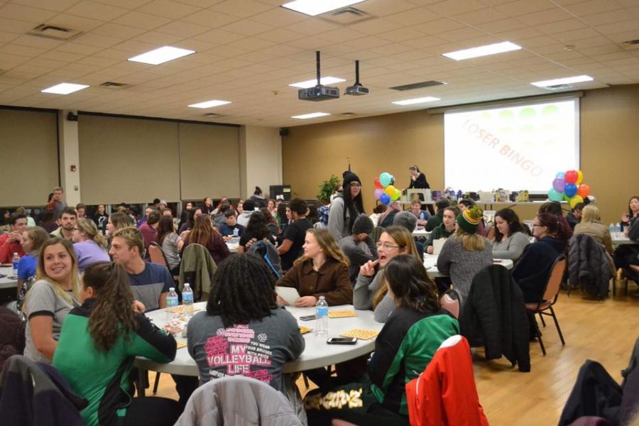 Students gather in the Latour room for a chance to win prizes.