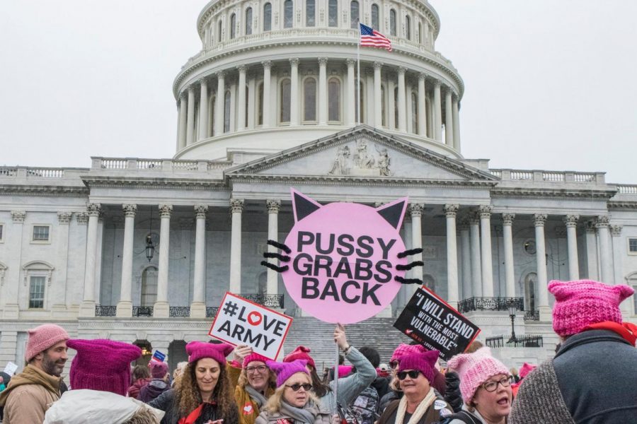 Protesters gather in front of the Capital building while waiting for the march to begin.