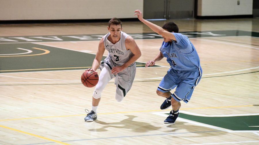 Photo courtesy of Marywood Athletics. Description: Sophomore guard Tip Swartz scores 19 points in 21-point victory over Clarks Summit University.