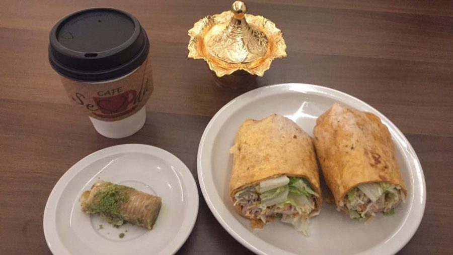 A chai latte, Pistachio roll baklava, and the Turkey wrap. 