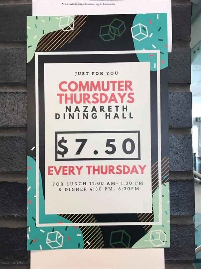 A poster advertises Commuter Thursdays at Nazareth Dining Hall.