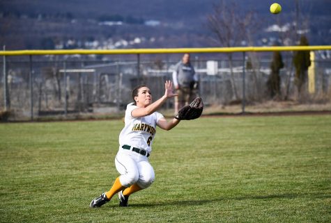 Junior outfielder Mackie Goodwin looks to make a tough catch in left field. Photo courtesy of Marywood Athletics