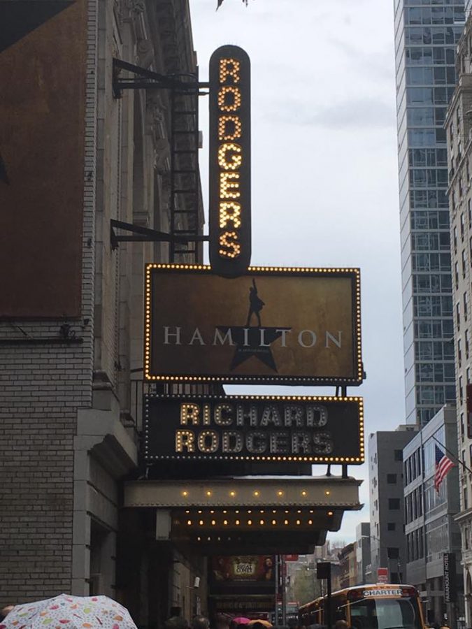 The Hamilton marquee is lit up for the afternoon show at the Richard Rodgers Theatre in New York City.