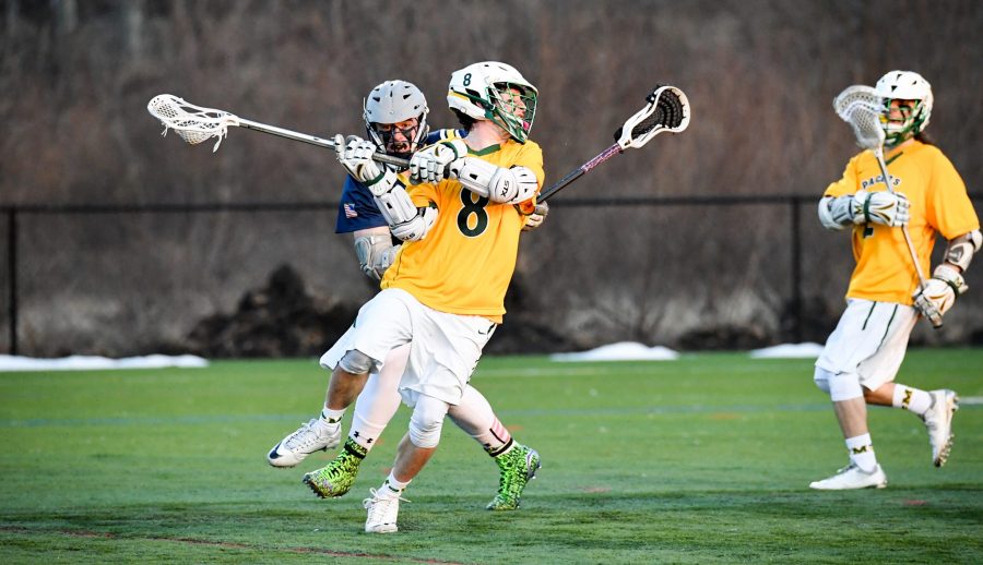 Junior+attacker+Matt+Casto+lights+up+the+scoreboard+with+a+five-goal+performance+against+Rosemont.+Photo+courtesy+of+Marywood+Athletics