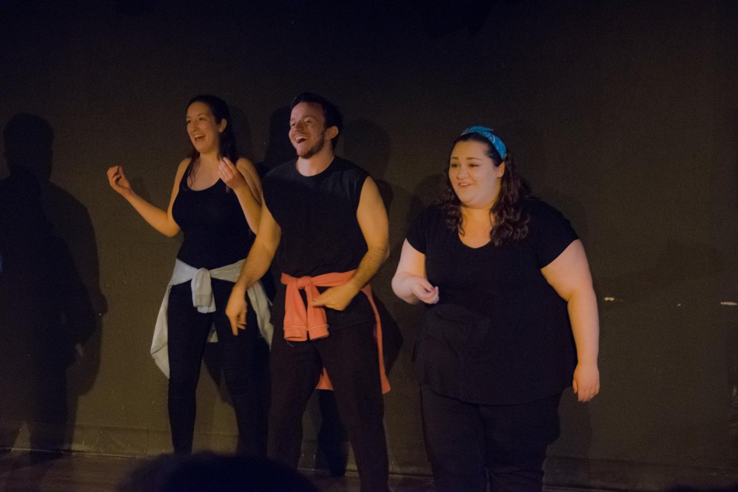 Rebecca Darling, a senior musical theatre major, Travis Murray, a senior marketing major and Anna Gelpke, a freshman speech pathology major, perform in the opening number of Twisted Theatre, Lotta Livin To Do.