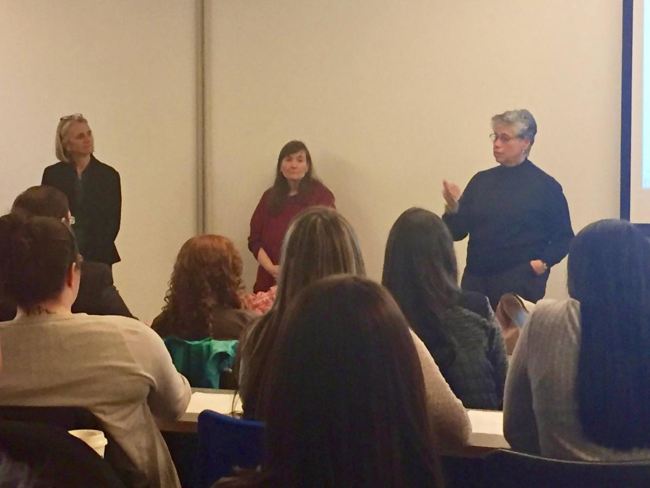 Vice President of Business Affairs Tammy McHale, Provost Dr. Susan Turell and President Sr. Mary Persico, IHM, Ed D, speak with students at the SGA meeting on April 25.