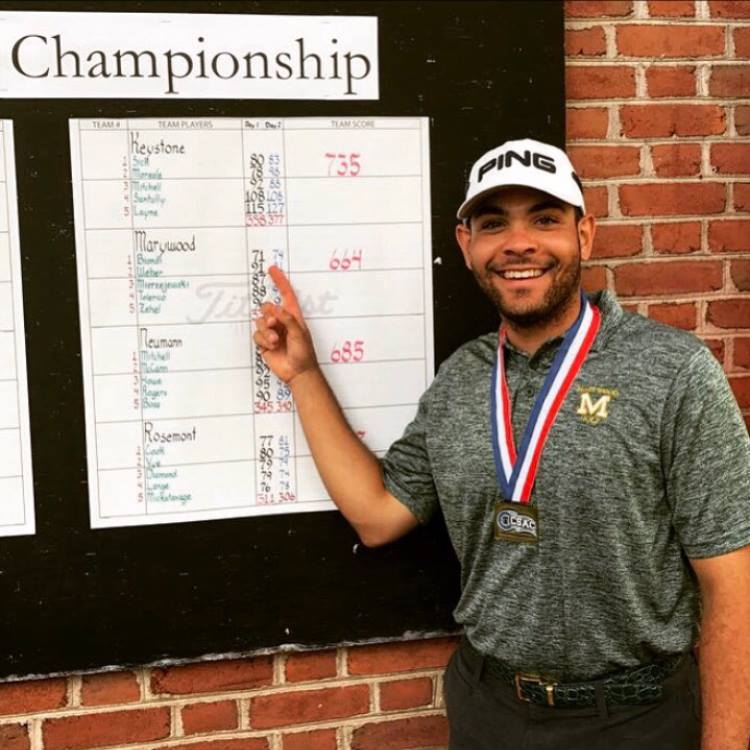 Nicholas Biondi points to his name at the top of the leaderboard. Photo courtesy of Nicholas Biondi