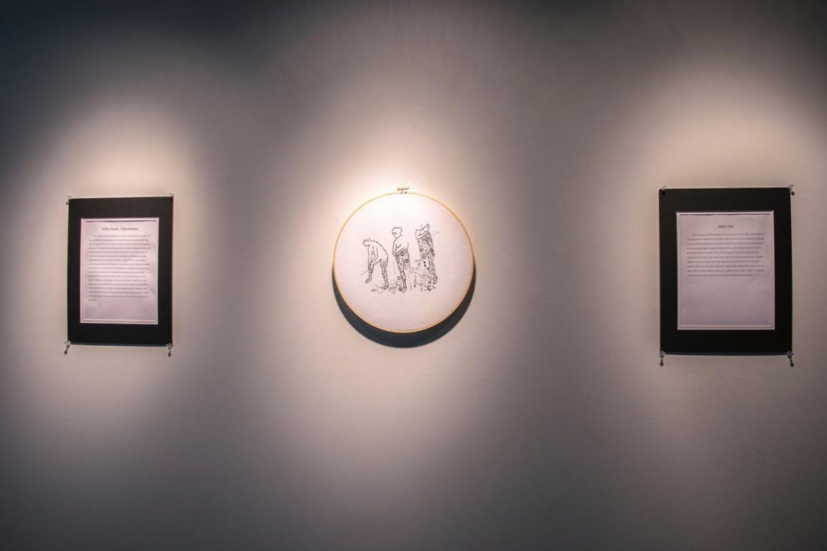 Brzenk's designs hang in the Shields Center for Visual Arts with a biography about Brzenk and her exhibitions.