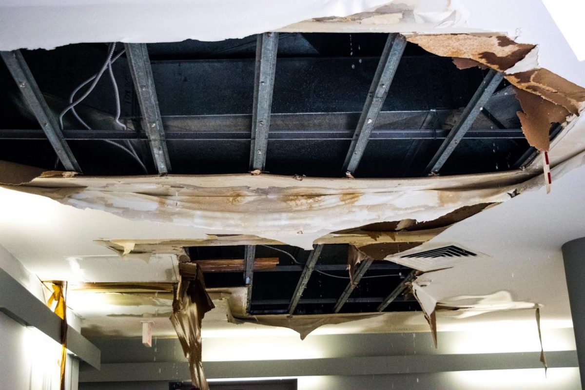 Water leaks through the roof in the Suraci Gallery in the Shield Center for Visual Arts.