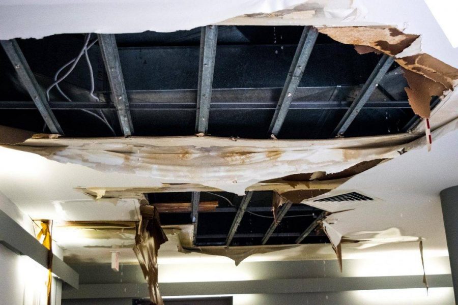 Water leaks through the roof in the Suraci Gallery in the Shield Center for Visual Arts. 
