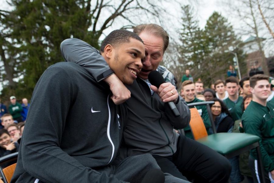 Michigan+State+head+coach+Tom+Izzo+putting+his+arm+around+sophomore+Miles+Bridges%2C+who+was+among+the+handful+of+names+included+in+the+Yahoo%21+Sports+report+last+Friday.+Photo+Courtesy%3A+Michigan+State+Basketball+Official+Facebook+Page