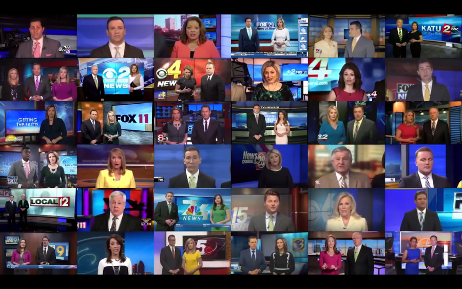 Screenshot of a video depicting multiple Sinclair-owned news stations, where reporters read the same script.