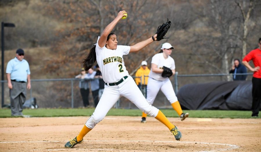 2017 CSAC Pitcher of the Year junior Kirstie Alvarez delivering a pitch last season. Photo credit: Photo courtesy of Marywood Athletics