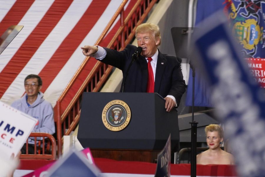 President Donald Trump speaks at a rally in Harrisburg. Photo credit: Alex Weidner