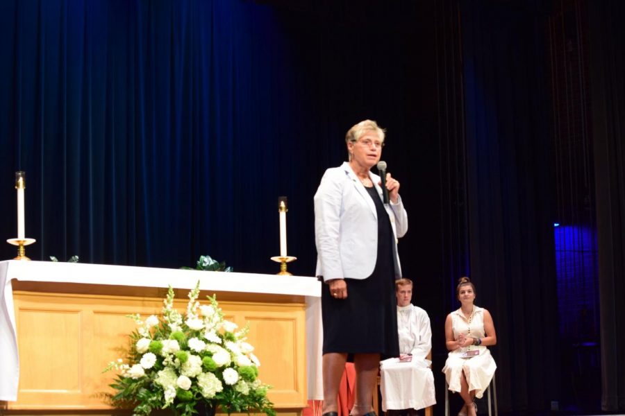 Sr. Mary Persico, IHM, Ed.D gave a speech touching on topics like empathy, kindness and love at Marywood University's 104th Opening Liturgy. Photo credit: Briana Ryan