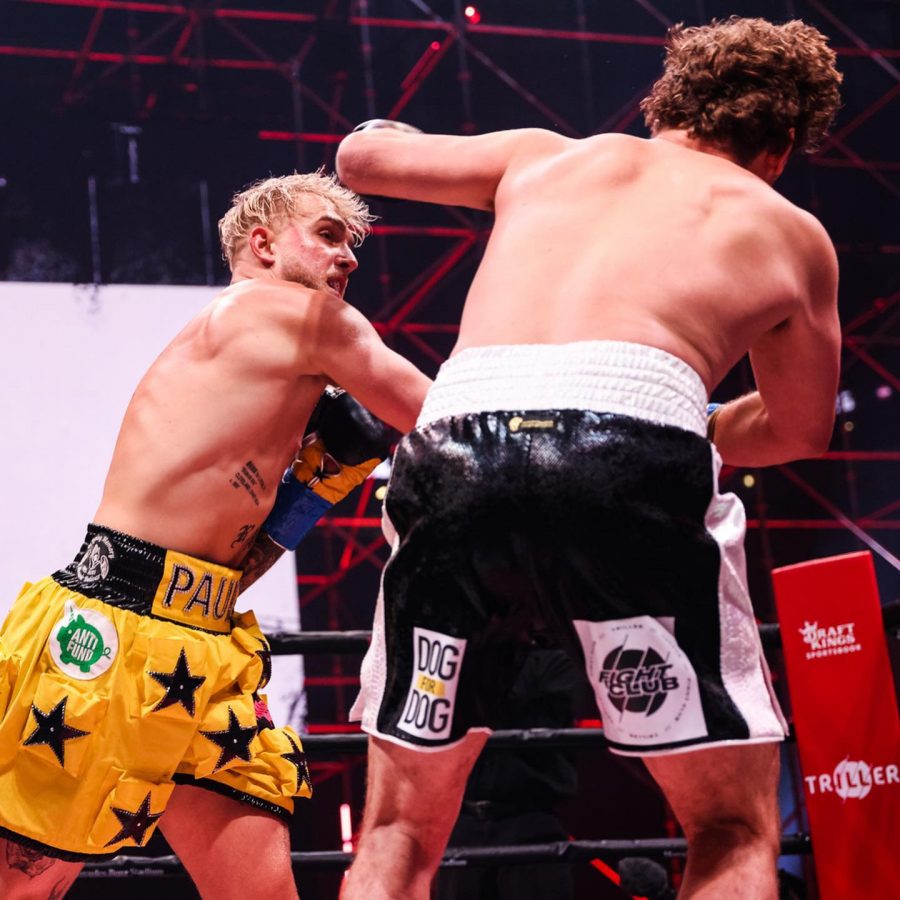 Jake+Paul+and+Ben+Askren+face-off+during+Triller+Fight+Club+at+Mercedes-Benz+Stadium.