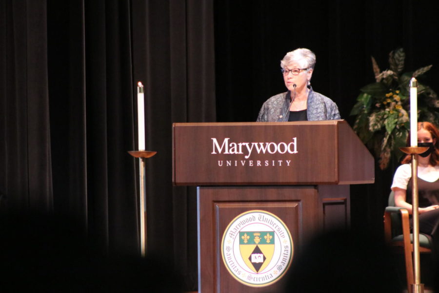 President Sr. Mary Persico, IHM, Ed.D, greets the Marywood community during the 107th annual opening liturgy.