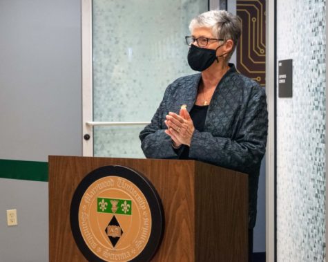 Marywood President Sister Mary Persico, IHM, Ed.D addresses the crowd during the Esports Center ribbon cutting ceremony.