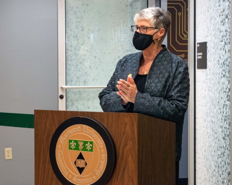 Marywood+President+Sister+Mary+Persico%2C+IHM%2C+Ed.D+addresses+the+crowd+during+the+Esports+Center+ribbon+cutting+ceremony.