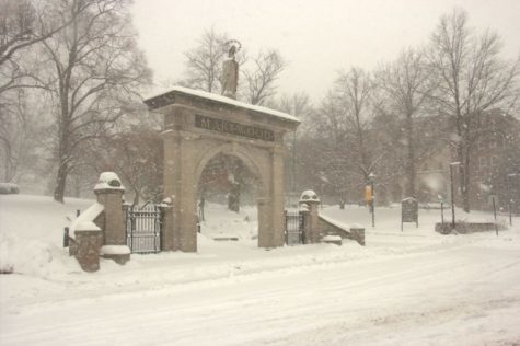 Marywood entrance on a snowy day.