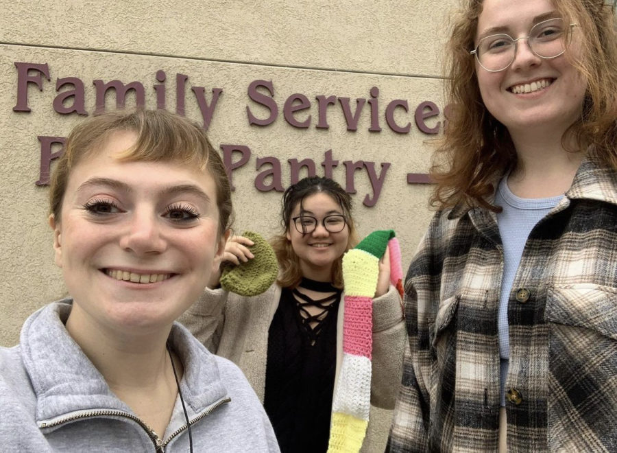 Club+officers+Kelly+Longo%2C+Sophie+French%2C+and+Corinne+Cummingham+donated+their+finished+projects+to+St.+Josephs+Pantry.