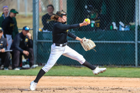 Junior pitcher Mara Hamm kicks and fires for the Pacers.