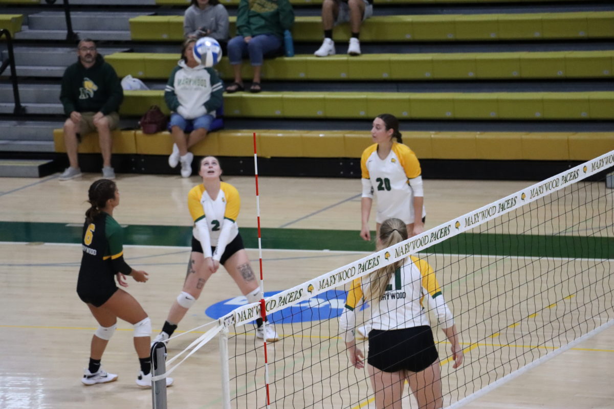 Donna Bostjancic (2) setting up Haley Hallman (20) and Bethany Burns (21) for the hit.