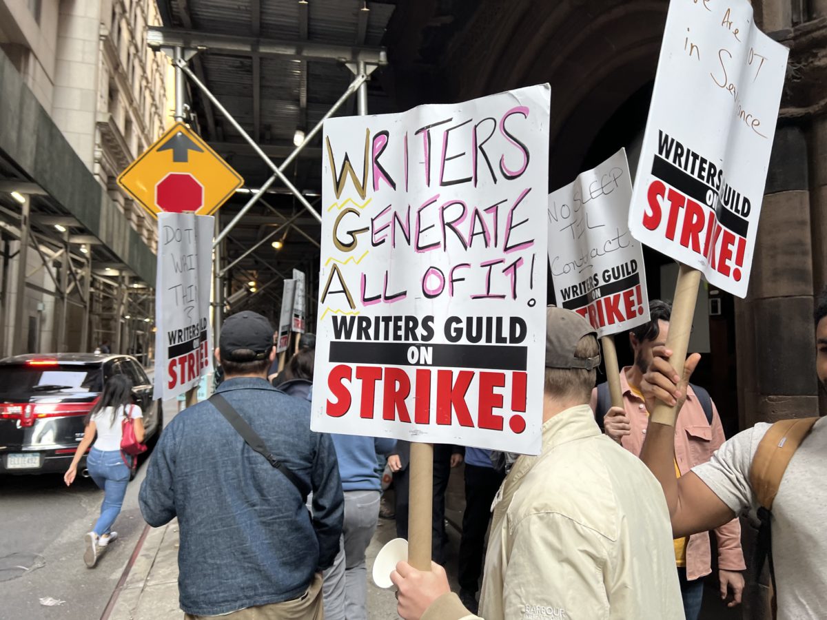 Picket line formed by writers that are on strike in New York City. Outside on location of the Marvel Studios Disney+ TV show, Daredevil: Born Again